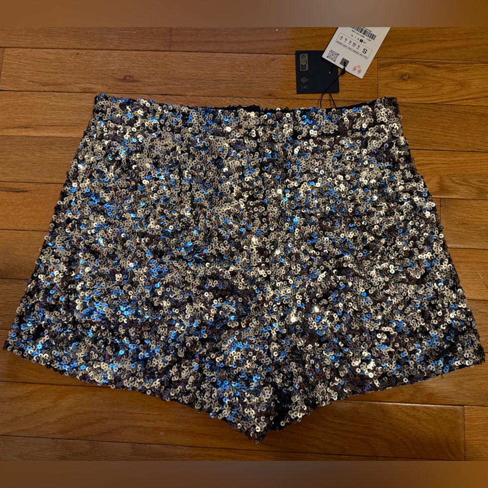 Zara Sequin Crop Shorts in Black and Silver with Blue Accents
